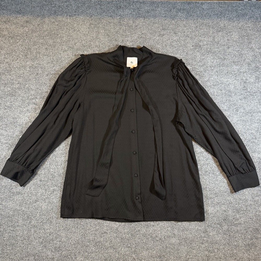 Goop G Label Size 12 Black Tie Neck Pussybow Blouse Ruffle Business Casual
